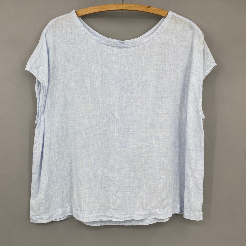 St. Tropez West 100% Linen Blouse Womens L Blue Button Back Cap Sleeve Top Boxy